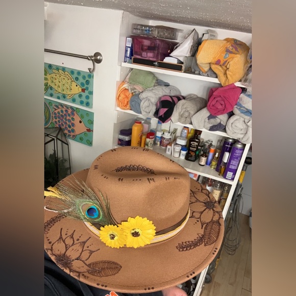 Felt wide brimmed fedora style hat with hand burned design main image 6